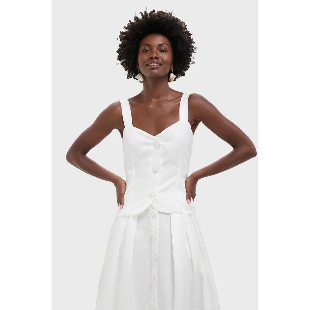 Sleeveless White Button-Front Linen Blend Top